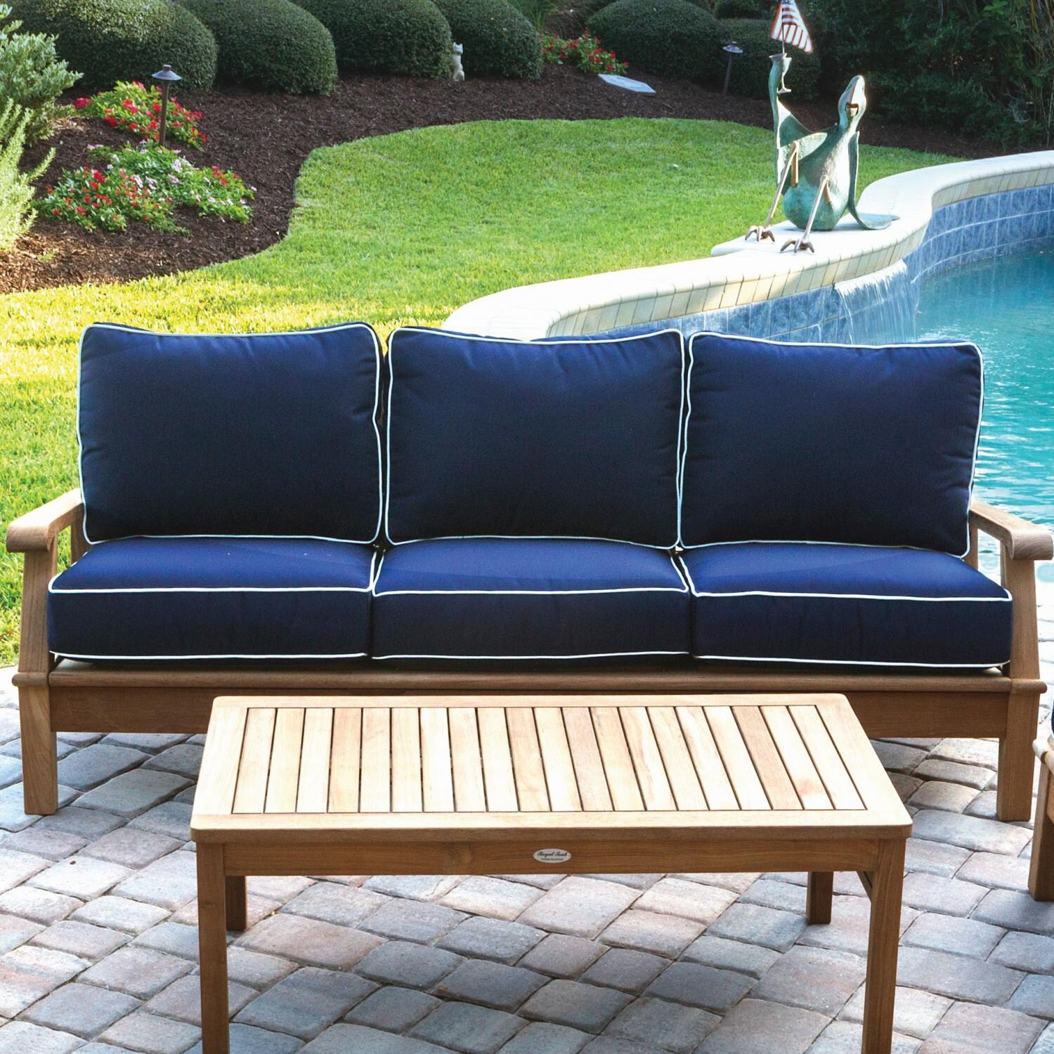 Royal Teak Collection Miami Teak Patio Sofa W/ Sunbrella Canvas Navy Cushions - On the Patio thumbnail