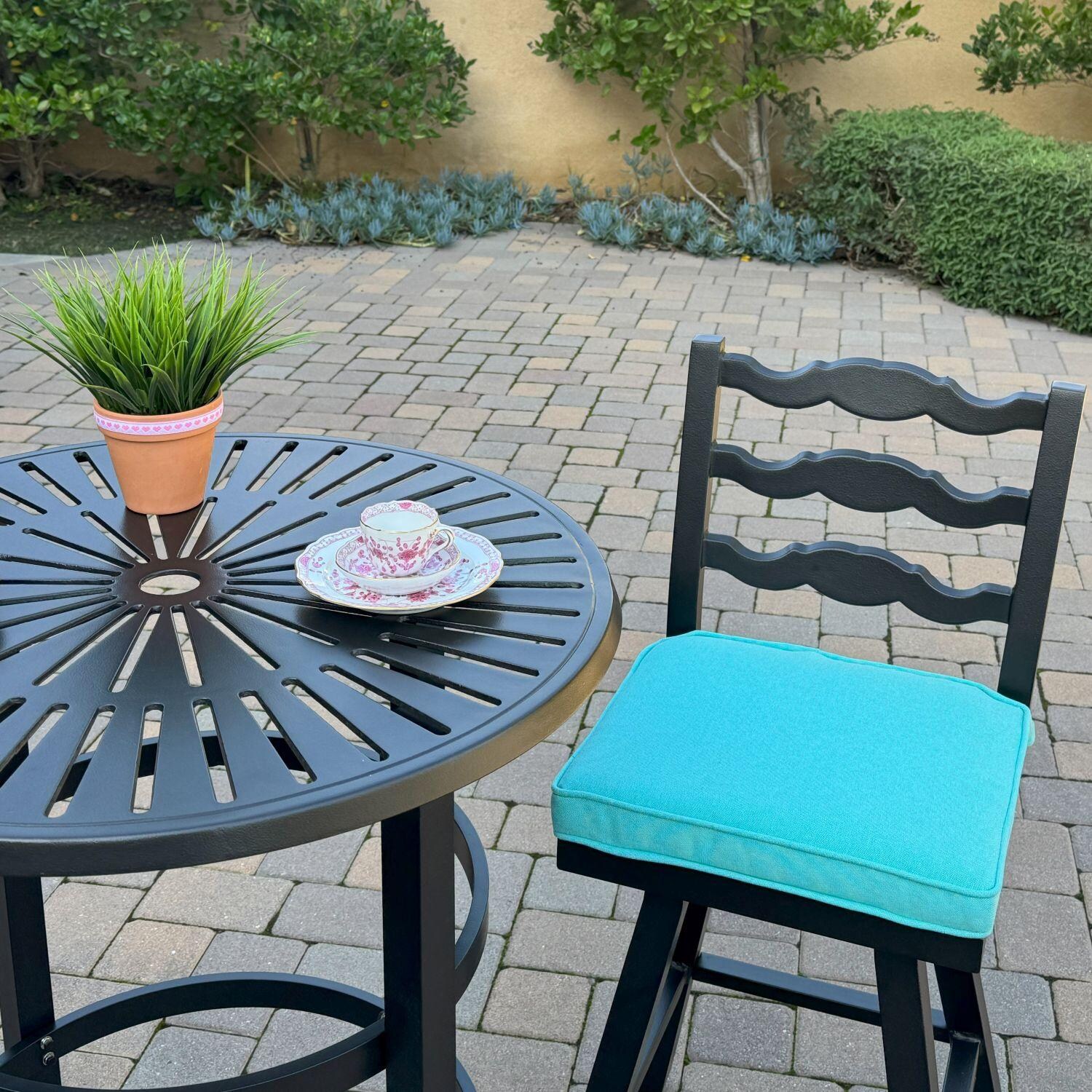 Aspen Aluminum 3 Pc Patio Bar Set w/ 30-in Round Counter Height Bar Table in Blue By Darlee - Right Side - Lifestyle thumbnail