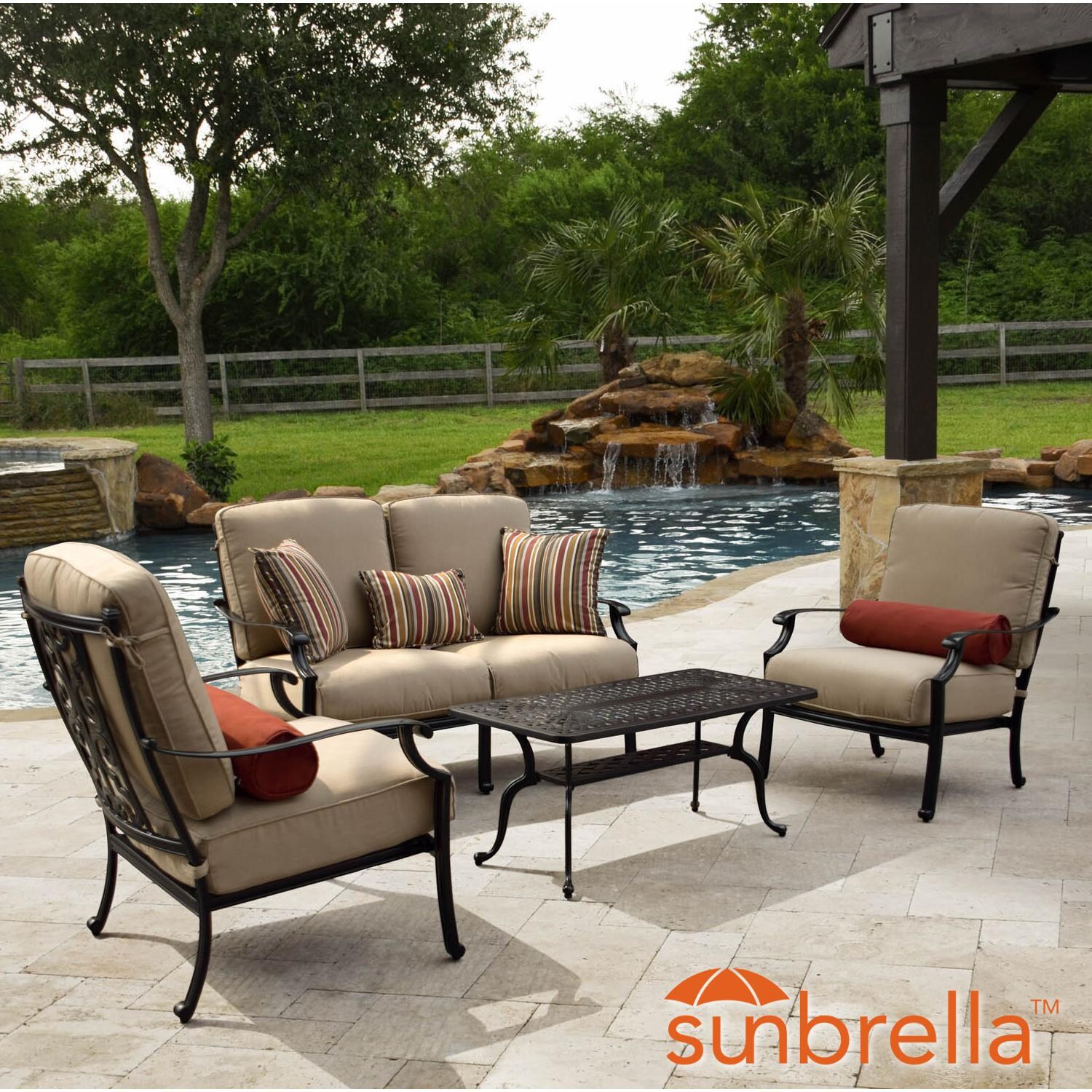 Bocage 4 Piece Cast Aluminum Patio Conversation Set W/ Loveseat, Club Chairs & Sunbrella Heather Beige Cushions By Lakeview Outdoor Designs