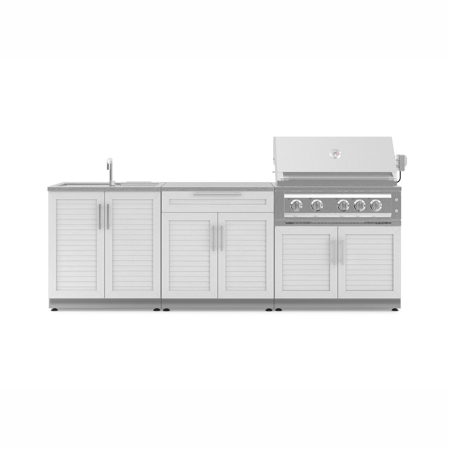 NewAge Products 67636 Classic Series 8 1/2 Ft Outdoor Kitchen Island w/ 36-in Propane Grill, Sink, Trash Bin, Door & Drawer in White/Stainless Steel - Island - White Background thumbnail