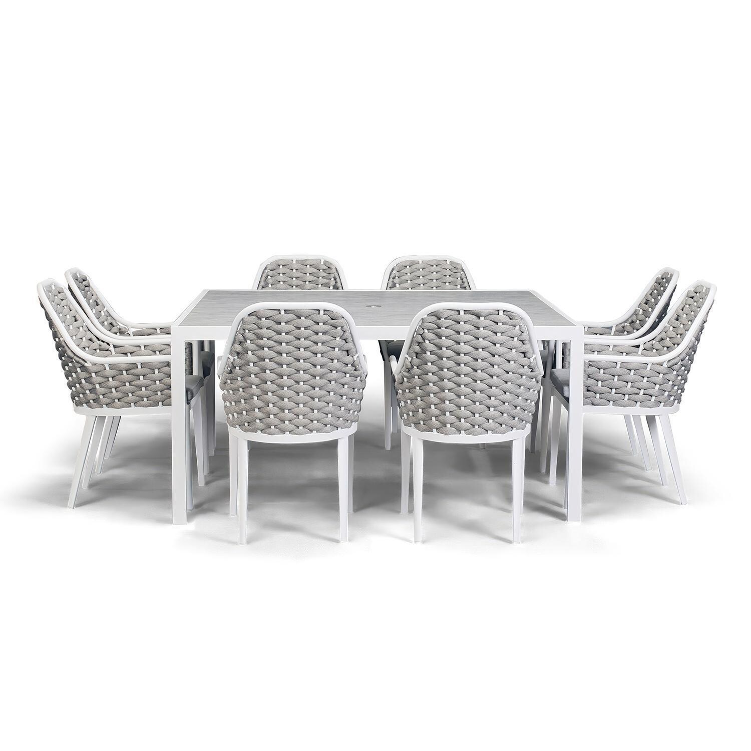 Chloe Bay 9 Pc Aluminum Square Dining Set in White by Lakeview - Front View - White Background thumbnail
