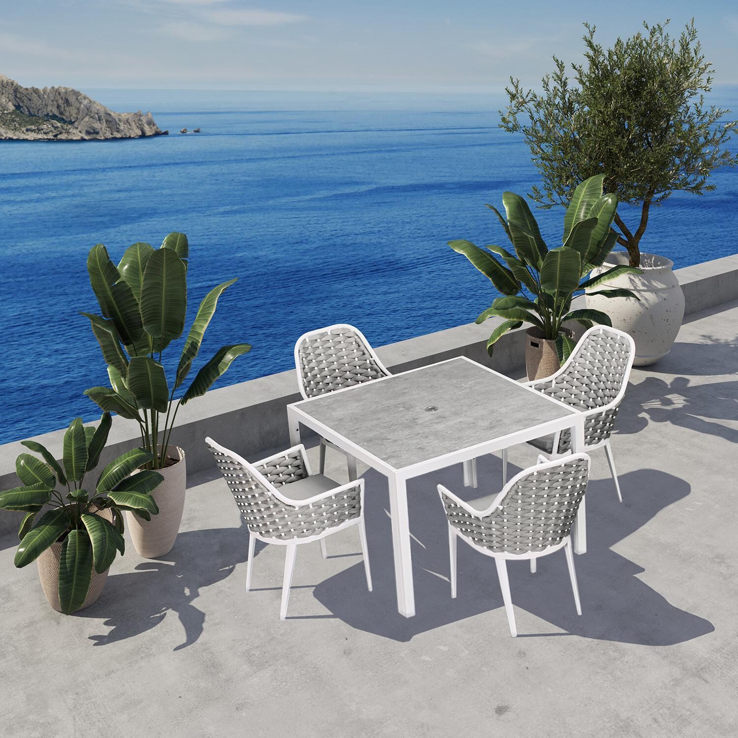Chloe Bay 5 Pc Aluminum Square Dining Set in White by Lakeview Outdoor Designs