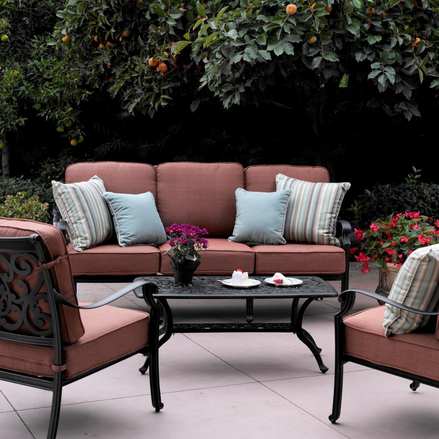 Darlee St. Cruz 4 Piece Cast Aluminum Patio Conversation Set W/ 42 X 21 Inch Rectangular Coffee Table & Spicy Chili Cushions