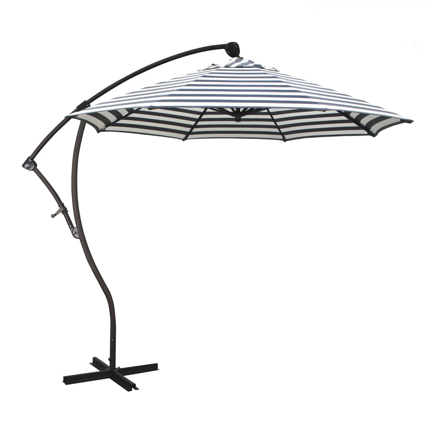 California Umbrella Bayside Series 9 Ft Aluminum 360 Tilt Cantilever Patio Umbrella W/ Crank Lift - Bronze Frame / Navy White Cabana Stripe Canopy thumbnail