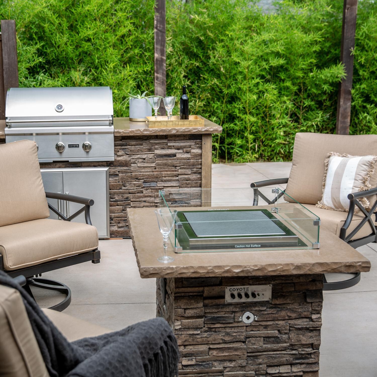 Blazing Beats 5 Piece Aluminum Patio Fire Table Conversation Set W/ Laguna Stacked Stone Fire Table - Side View thumbnail