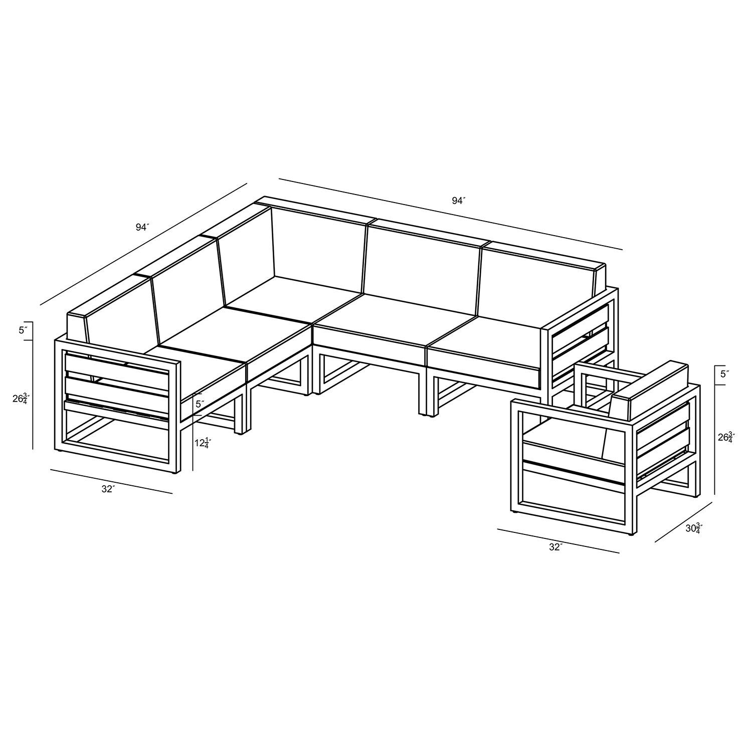 Misty Cove 6 Pc Aluminum Sectional Set in Slate W/ Canvas Charcoal