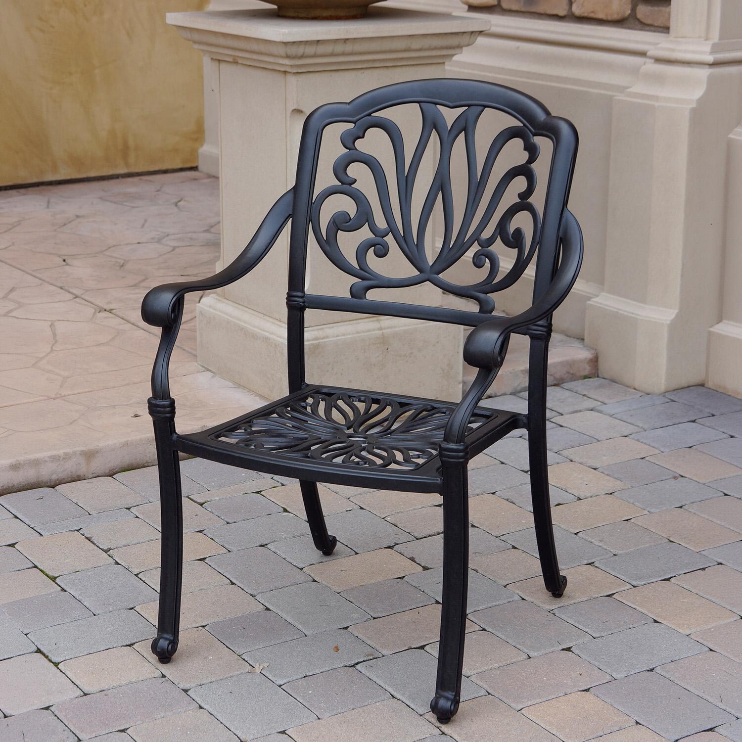 Darlee Elisabeth 7 Pc Cast Aluminum Fire Pit Dining Set w/ 60 Inch Round Table in Antique Bronze/Beige Canvas - Chair w/ no Cushion - Lifestyle thumbnail