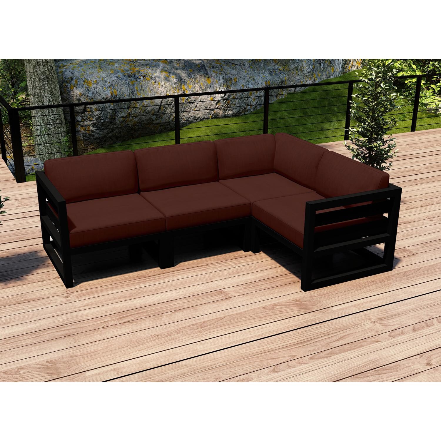 Lakeview MSTYCV-BK-4SEC-HN Misty Cove 4 Pc Aluminum Sectional Set in Black w/Canvas Henna Cushions by Lakeview Outdoor Designs - Set on Deck - Lifestyle thumbnail