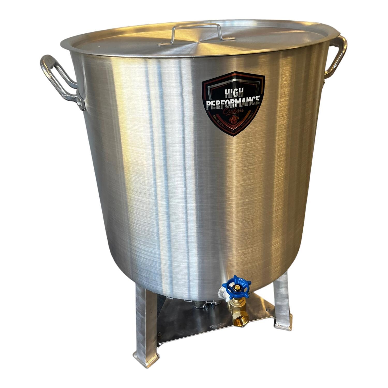 High Performance Cookers PW100-BTJ-VLV075 100 Quart Powered Seafood/Crawfish Cooker - Front Powered - White Background thumbnail