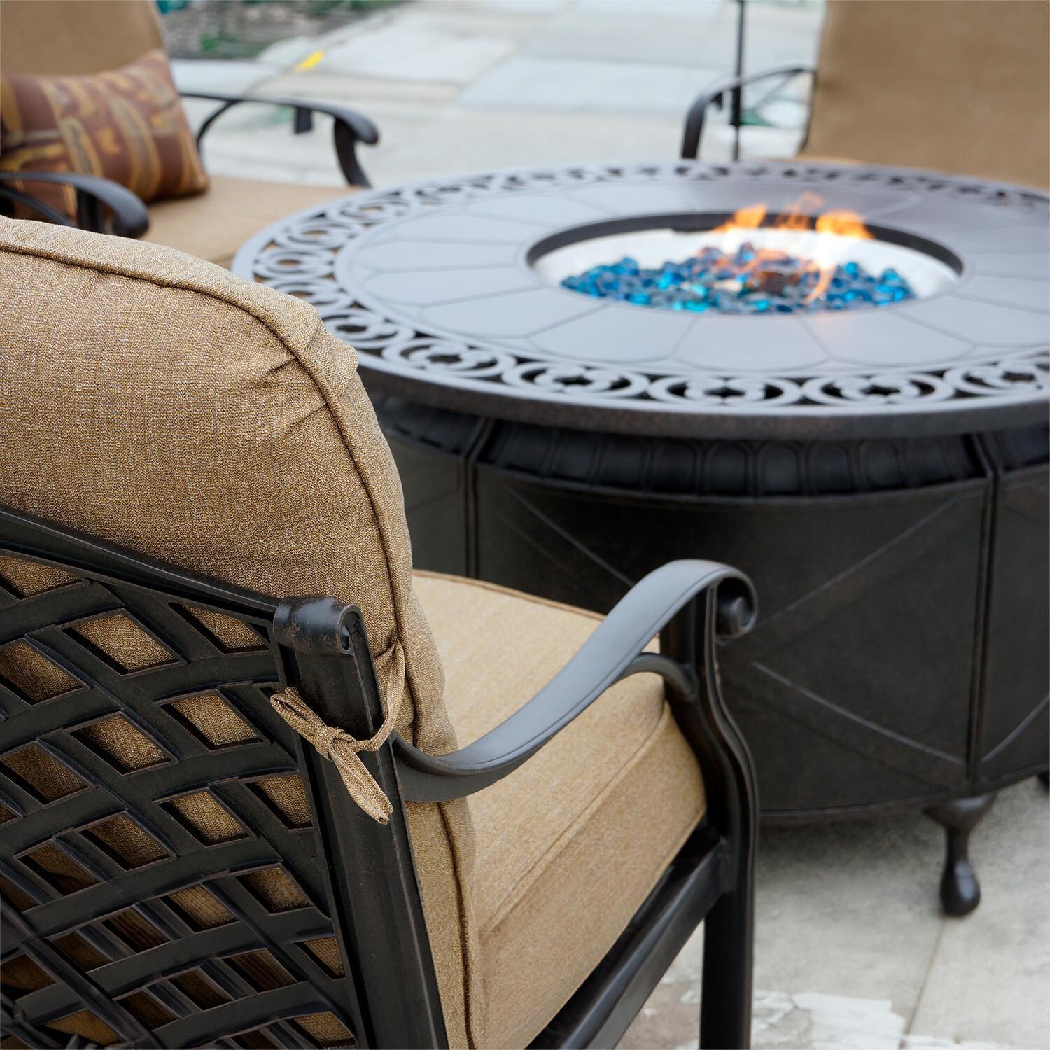 Darlee Nassau 5-Piece Patio Propane Fire Pit Conversation Set (with 2 Swivel Rocker Club Chairs) with Cushions and 47 Inch Round Fire Pit Chat Table and Fireglass - Chair Up Close - Lifestyle thumbnail