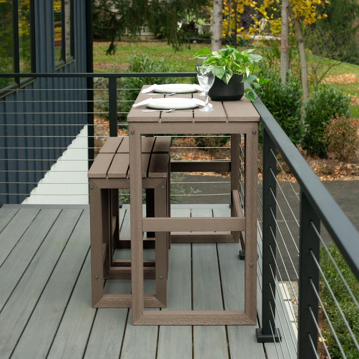Lakeview Audubon 3 Pc Recycled Plastic Counter Height Balcony Dining Bar Set in Woodland Brown - On Patio - Lifestyle thumbnail