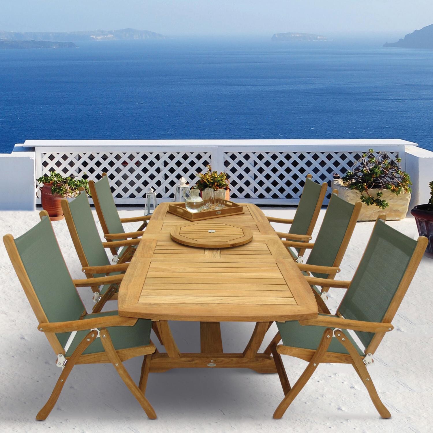 Florida 7 Piece Teak Patio Dining Set W/ 64 X 43 Inch Rectangular Extension Table By Royal Teak Collection - Moss Sling