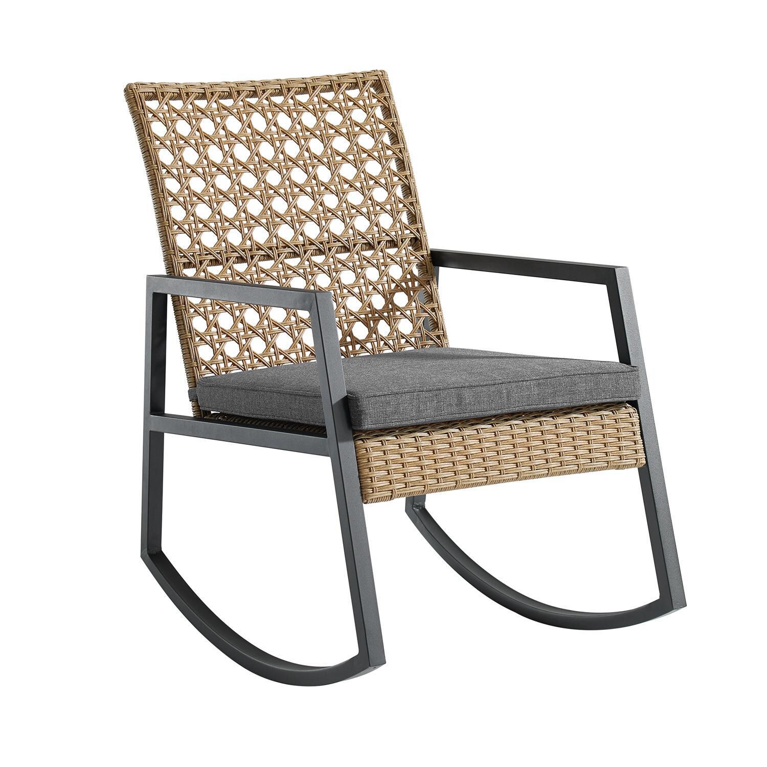 Ultimate Patio Pointebell Rattan & Steel Patio Rocking Chair W/ Gray Cushion - Brown - Left Side Angled View thumbnail