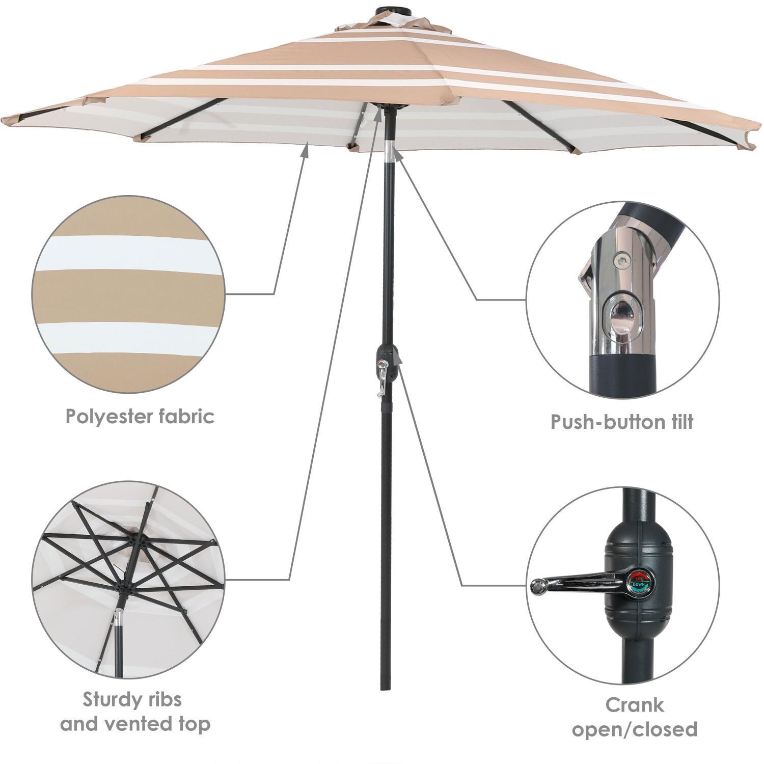 Ultimate Patio 9 Ft. Solar Lighted Octagonal Patio Umbrella W/ Crank Lift - Beige Stripe Canopy - Push-button Tilt & Crank Open/Closed thumbnail