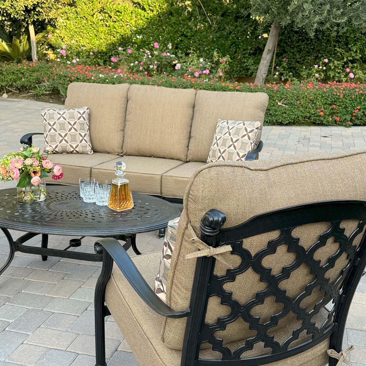 Madison 4 Pc Cast Aluminum Seating Set w/ 31 Inch Coffee Table in Antique Bronze/Sesame by Darlee - Close Up - Detail thumbnail