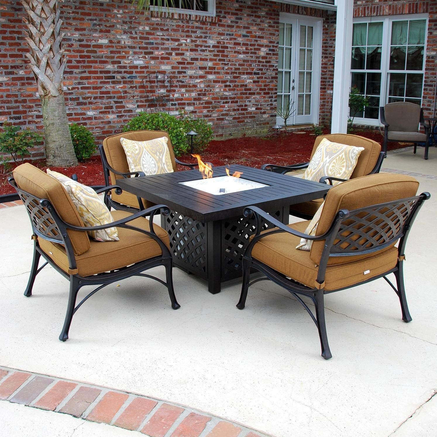 Heritage 5 Piece Cast Aluminum Patio Seating Set With Fire Pit By