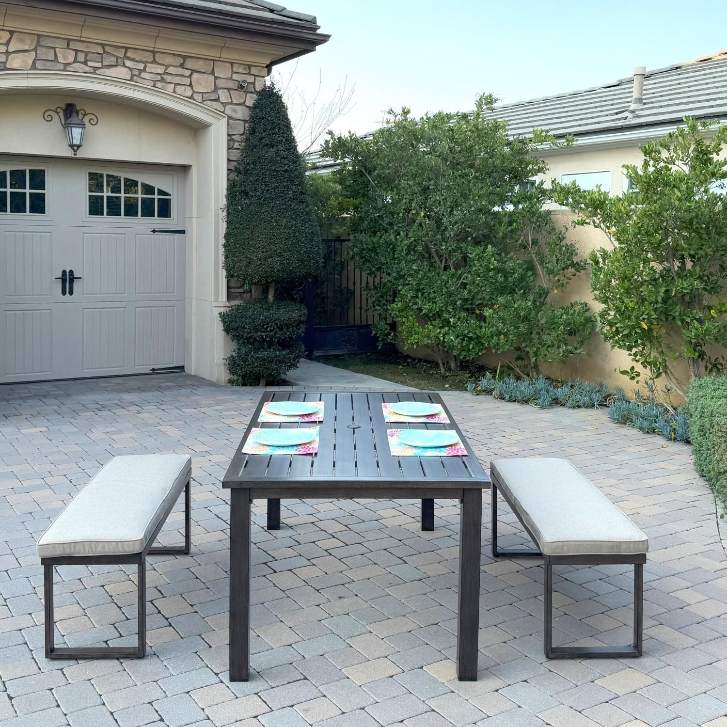 Atlantis 3 Pc Aluminum Dining Set w/ 2 Two Person Benches in Walnut/Beige by Darlee - Hero - Background thumbnail