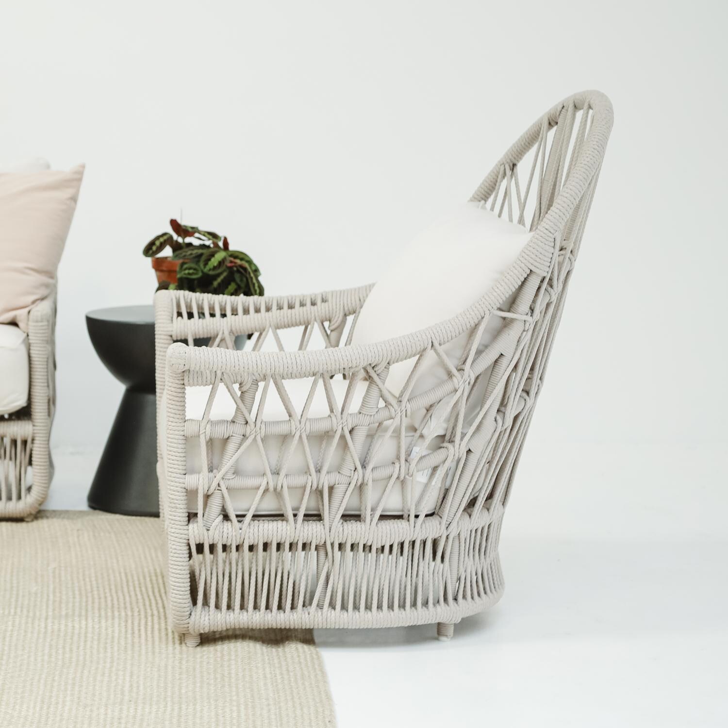 Dana Woven Rope Wing Club Chair w/ Self Welt in Natural/Canvas Granite by Sunset West - Side View - Lifestyle thumbnail