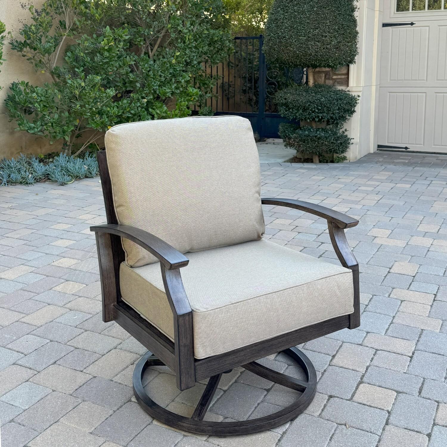 Atlantis 6 Pc Aluminum Fire Pit Seating Set w/ 2 Swivel Rocker Club Chairs, 2 Ottomans & Sofa in Walnut/Beige by Darlee - Chair - Lifestyle thumbnail