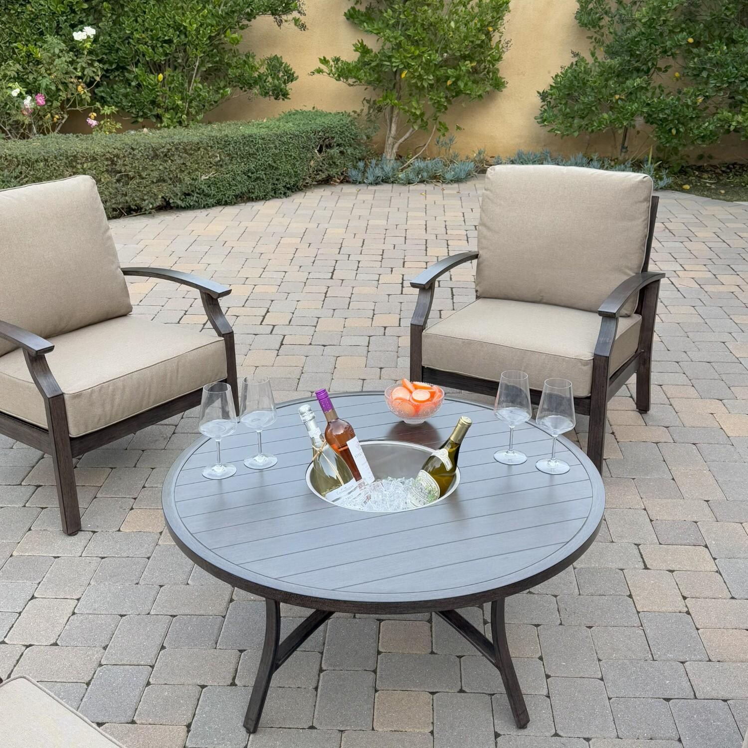 Atlantis 5 Pc Aluminum Seating Set w/ 4 Club Chairs & Ice Bucket in Walnut/Beige by Darlee - Table Close-up - Lifestyle thumbnail