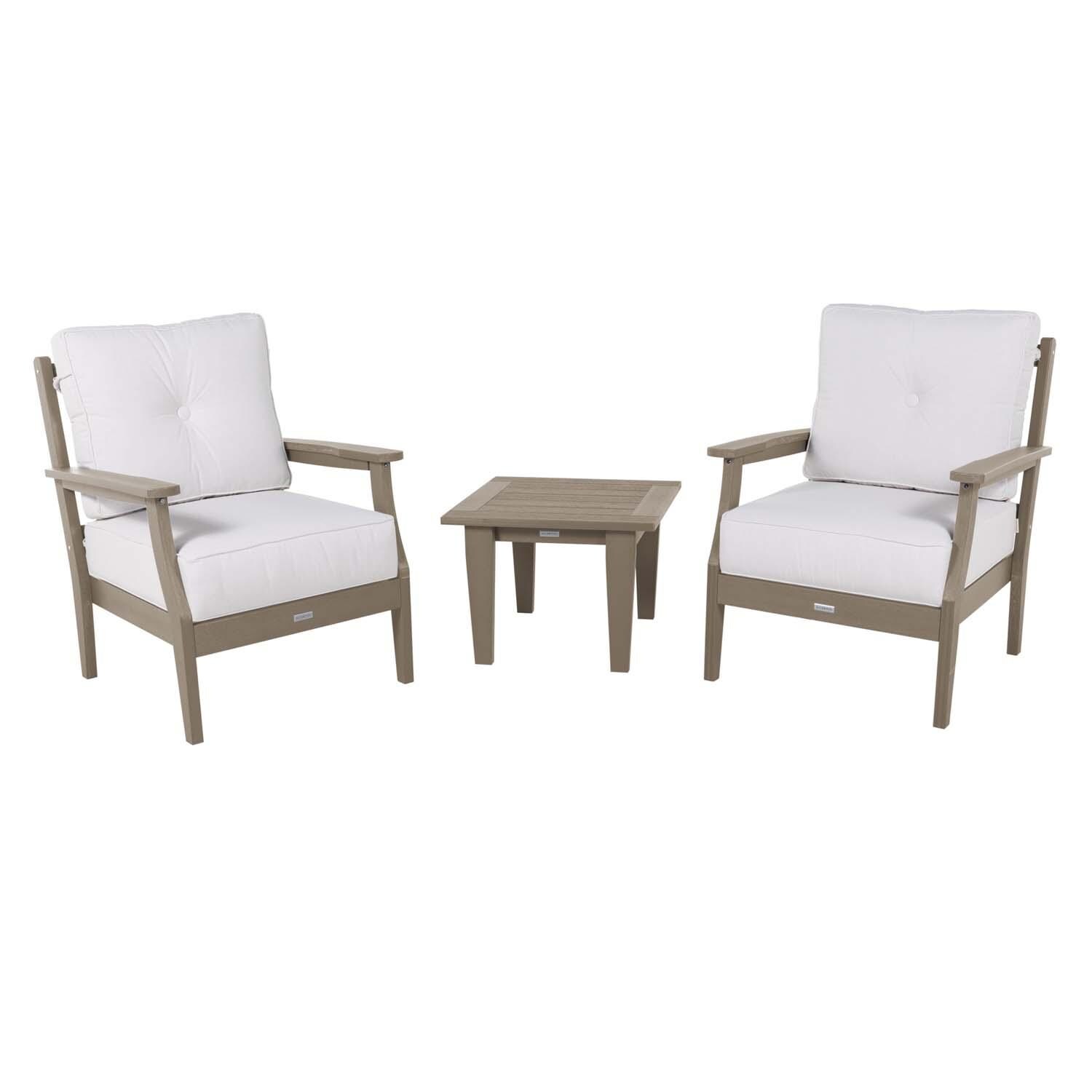 Blushing Bay 3 Pc Recycled Plastic Seating Set in Bliss Linen/Woodland Brown by Lakeview Outdoor Designs - White Background thumbnail