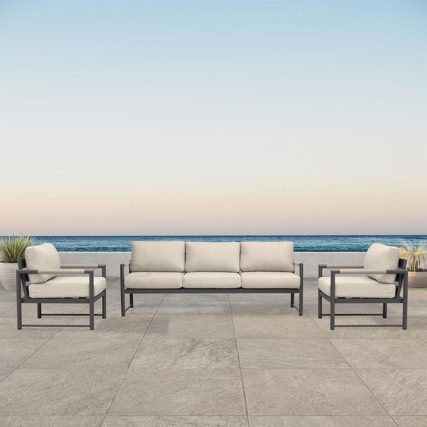 Lakeview AVEBAY-SL-PG-SET141-CF Avenue Bay Slate/Pebble Gray 3 Pc Sofa Club Chair Set - Canvas Flax - On Patio - Lifestyle thumbnail