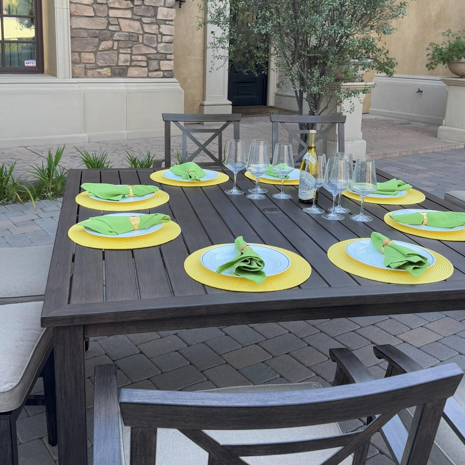 Atlantis 9 Pc Aluminum Dining Set w/ 4 Dining Side Chairs & 4 Swivel Rocker Dining Arm Chairs in Walnut/Beige by Darlee - Table Top - Lifestyle thumbnail