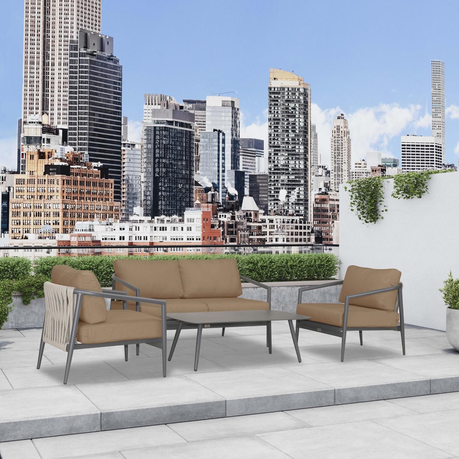 Lakeview Midnight Cove 4 Pc Aluminum Loveseat Seating Set in Slate/Pebble Gray/Heather Beige - Angled - Lifestyle thumbnail