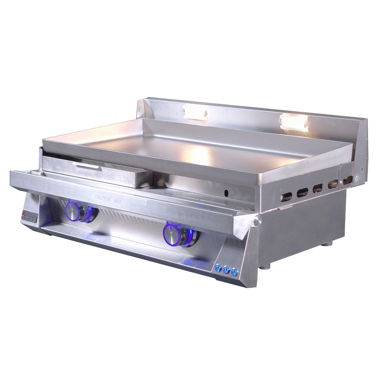 Le Griddle OML75P6 LP Pro Series 75 2 Burner Built-In Propane Flat Top Grill w/ 6mm Plate - Left Grease Disposal Tray Removed - White Background thumbnail