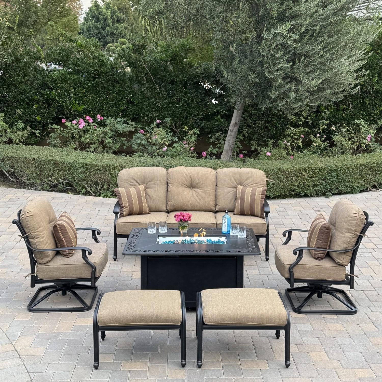 Darlee Santa Monica 6 Pc Cast Aluminum Fire Pit Seating Set w/ 2 Swivel Rocker Club Chairs, Sofa, and 2 Ottomans in Antique Bronze/Beige Canvas by