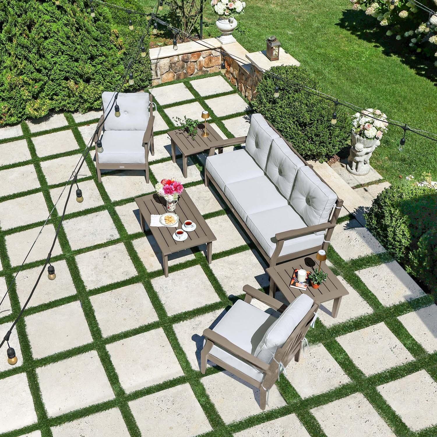 Blushing Bay 6 Pc Recycled Plastic Seating Set w/ Sofa in Bliss Linen/Woodland Brown by Lakeview Outdoor Designs - Top View - Lifestyle thumbnail