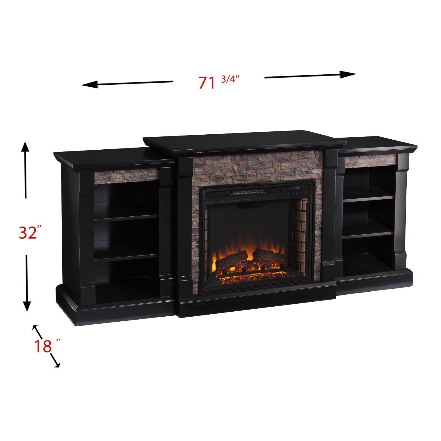 Southern Enterprises Gallatin 71-Inch Electric Fireplace W/ Bookcases - Satin Black W/ Black River Faux Stone - FE8525 - Measurements thumbnail