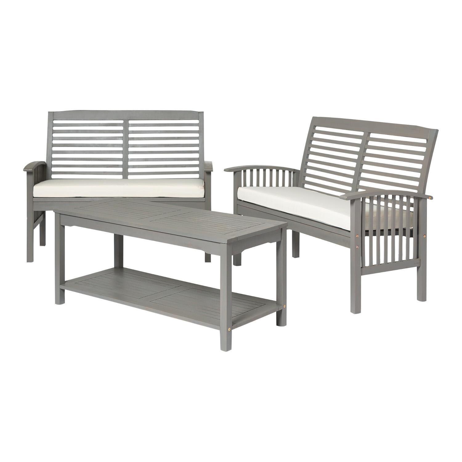 Ultimate Patio 3 Piece Acacia Patio Conversation Set W/ 47 X 19 1/2 Inch Rectangular Table - Gray Wash - Angled Left thumbnail