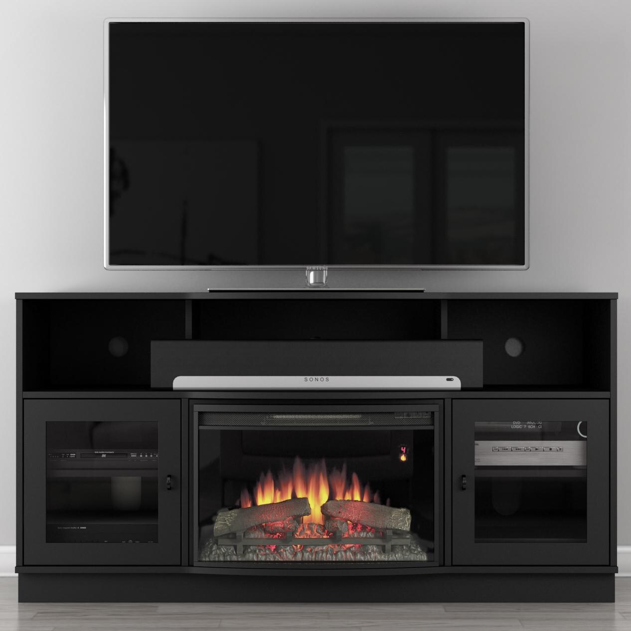 Furnitech Ambience Contemporary 64-Inch Electric Fireplace Media Console - Matte Black Finish - FT64CFB