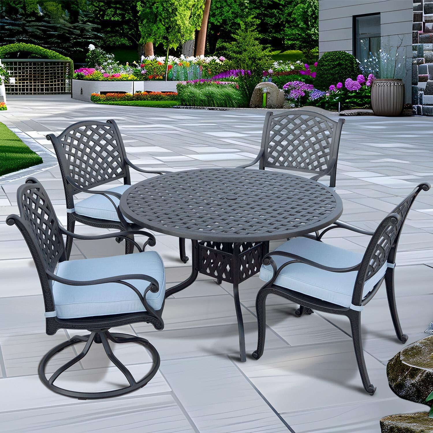 Darlee Nassau 5-Piece Patio Dining Set (with 2 Swivel Rockers) with Sky Blue Cushions and 48 Inch Round Dining Table - Set - Lifestyle thumbnail