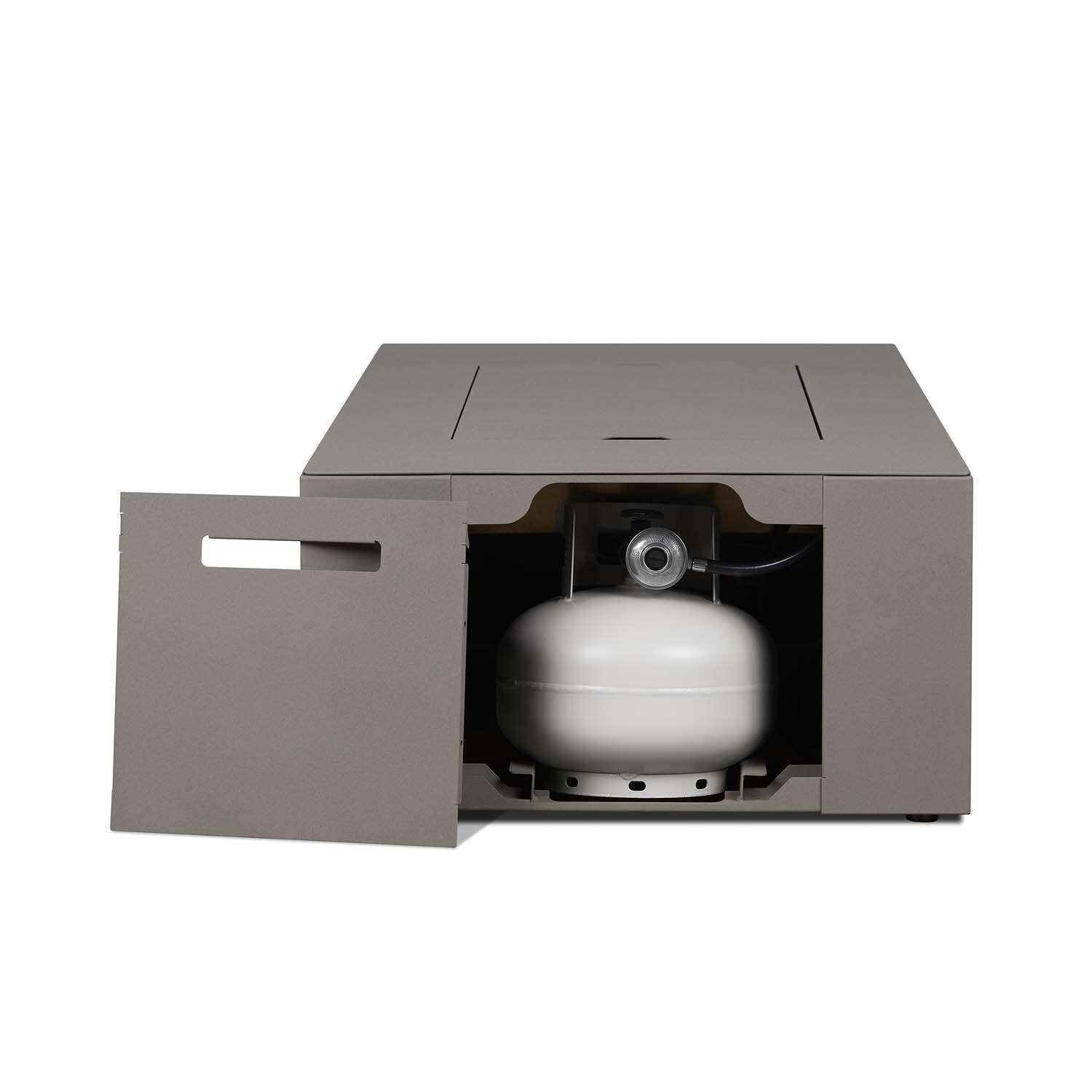 Covewood 58 Inch Rectangular Aluminum Propane Fire Pit Table w/ Hidden Propane Tank in Cloud Gray by BBQGuys Signature - Propane Tank Door Side View - Detail thumbnail