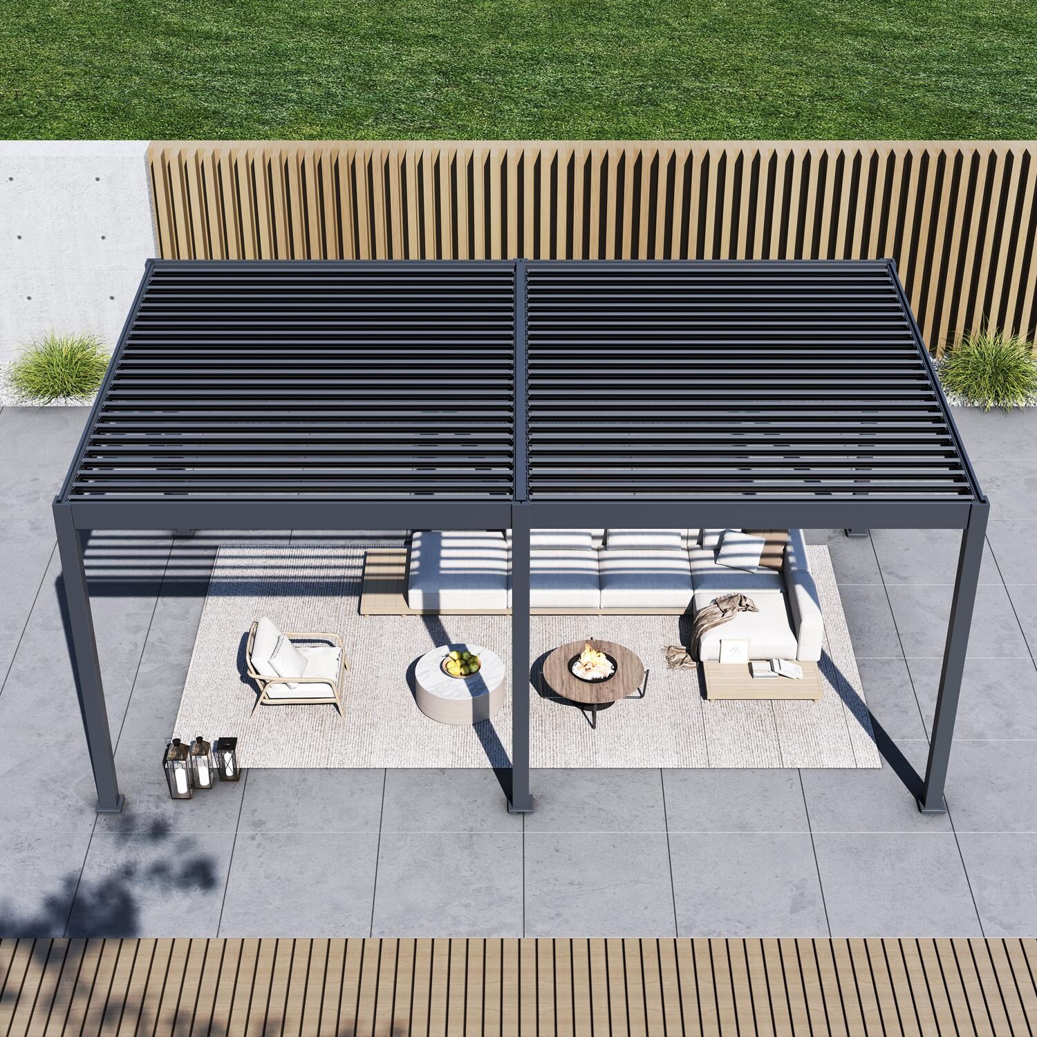 Paragon Outdoor PRGRT-1220GY Grand Tuscan 12' x 20' Slate Gray Aluminum Louvered Pergola - From Above - Lifestyle thumbnail