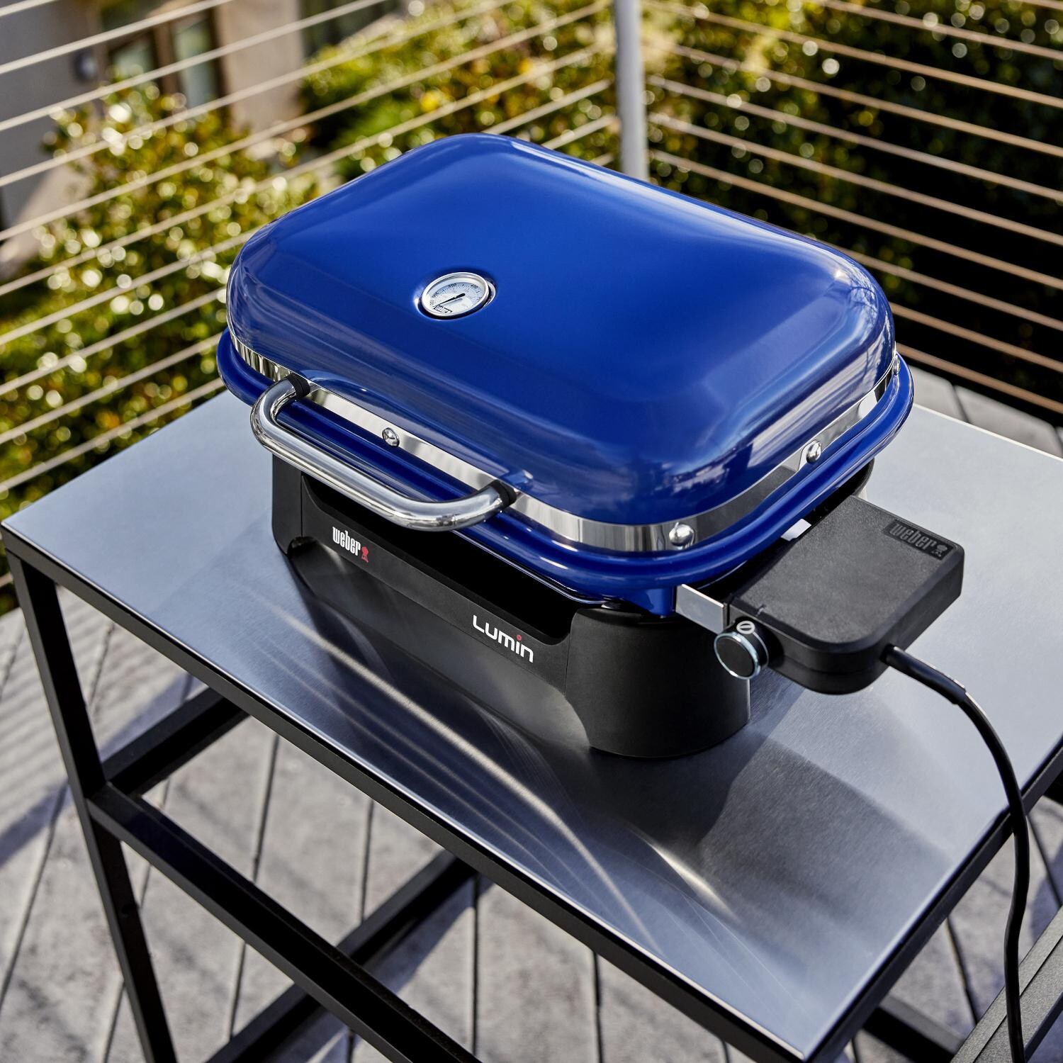Weber 91300901 Deep Ocean Blue Lumin Compact Portable 1560 Watt Electric Grill - Overhead View thumbnail