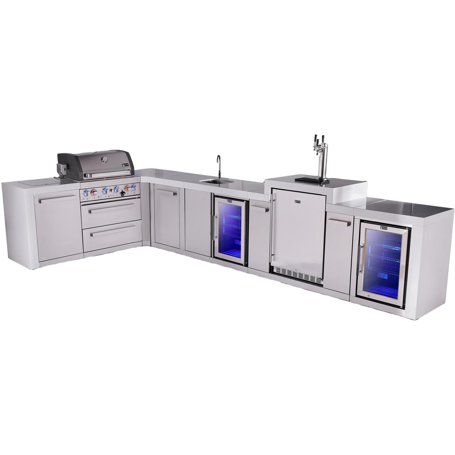 Mont Alpi Deluxe Series 13 1/2 Ft Propane Outdoor Kitchen Island w/ 44-in Grill, Side Burner, Beverage Center, Kegerator, Fridge & Triple Drawer - MAi805-D90KEGBEVFCDR