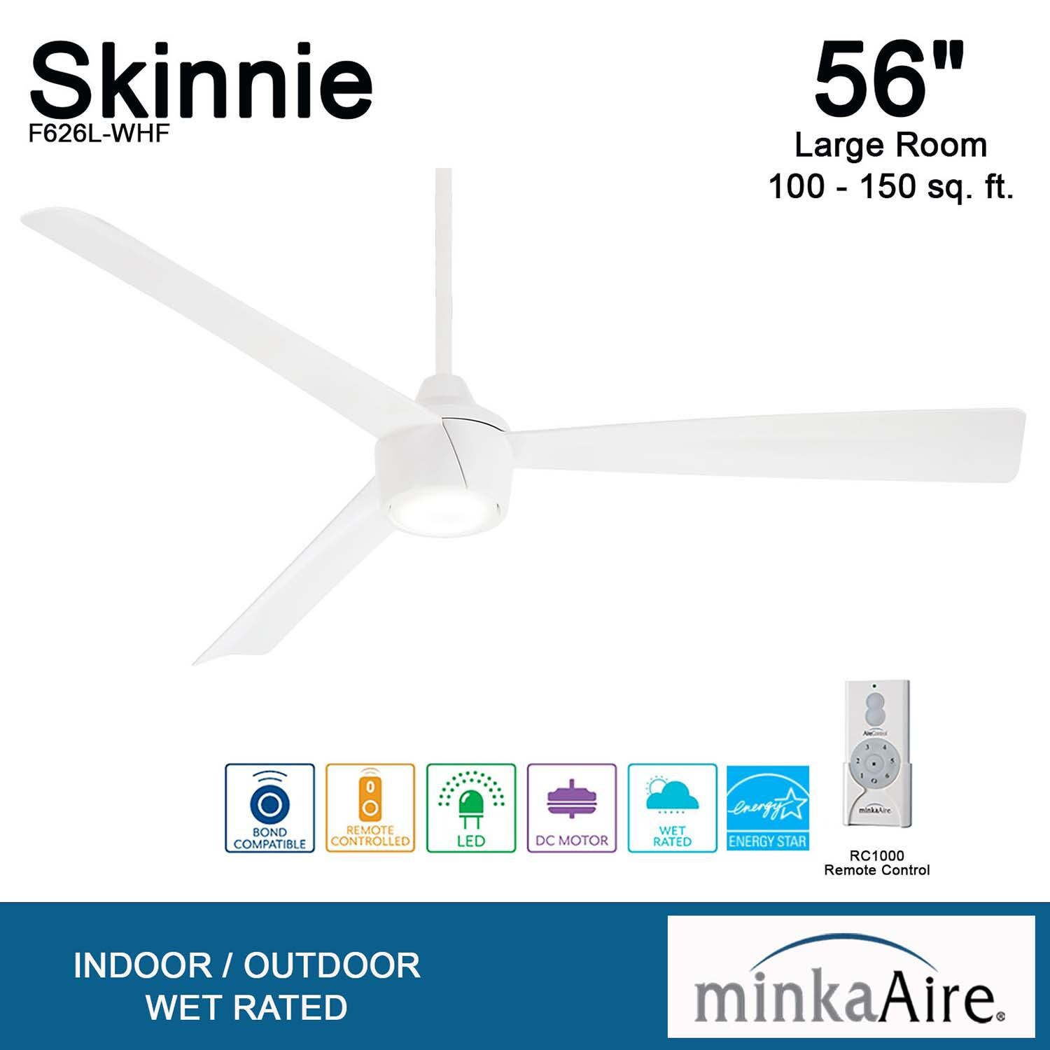 Minka-Aire F626L-WHF Skinnie 56-Inch 3-Blade LED Ceiling Fan in Flat White Finish w/ Flat White Blades & Etched Lens - Overview thumbnail