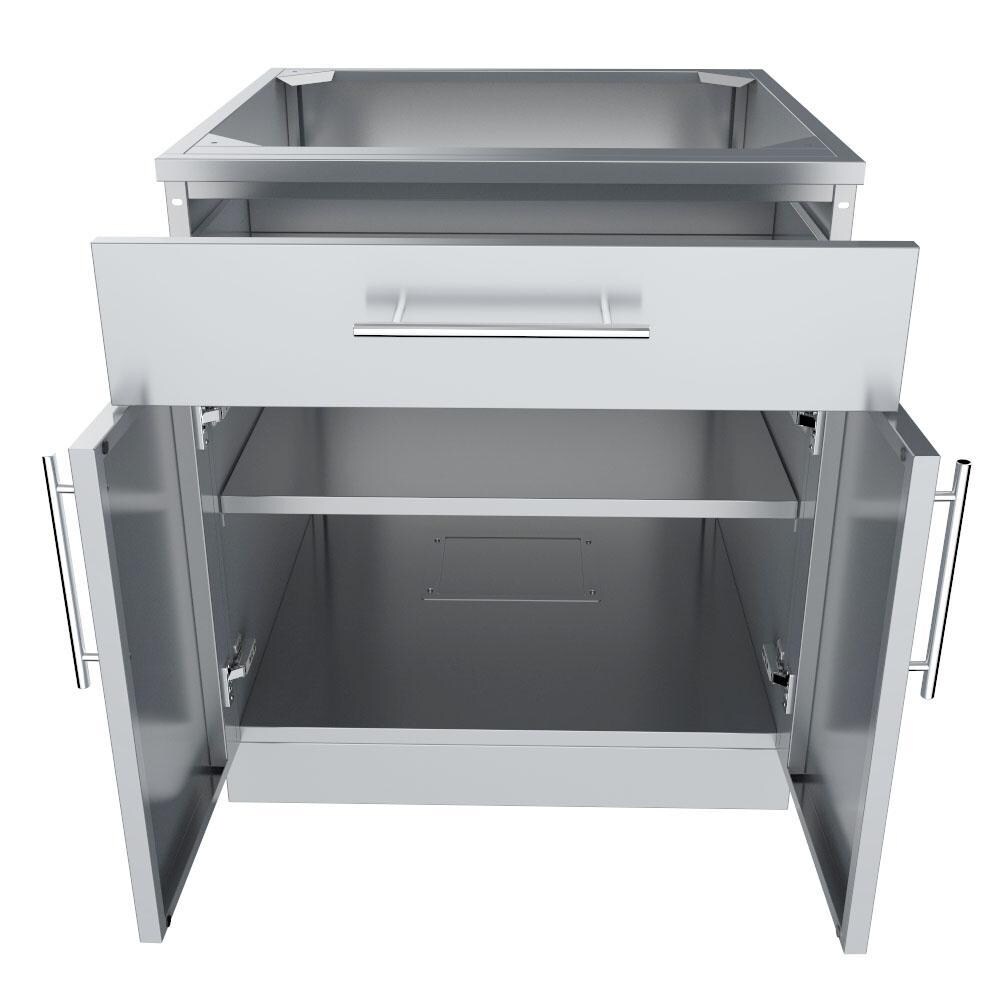 Sunstone SBC30CDD 30-in Outdoor Kitchen Double Door and Drawer Island Cabinet - Shown With Access Doors Open - White Background thumbnail