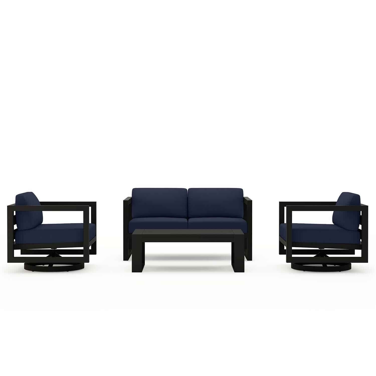 Misty Cove 4 Pc Aluminum Loveseat Seating Set w/ Swivel Chairs in Black/Spectrum Indigo by Lakeview Outdoor Designs - Front View - White Background thumbnail