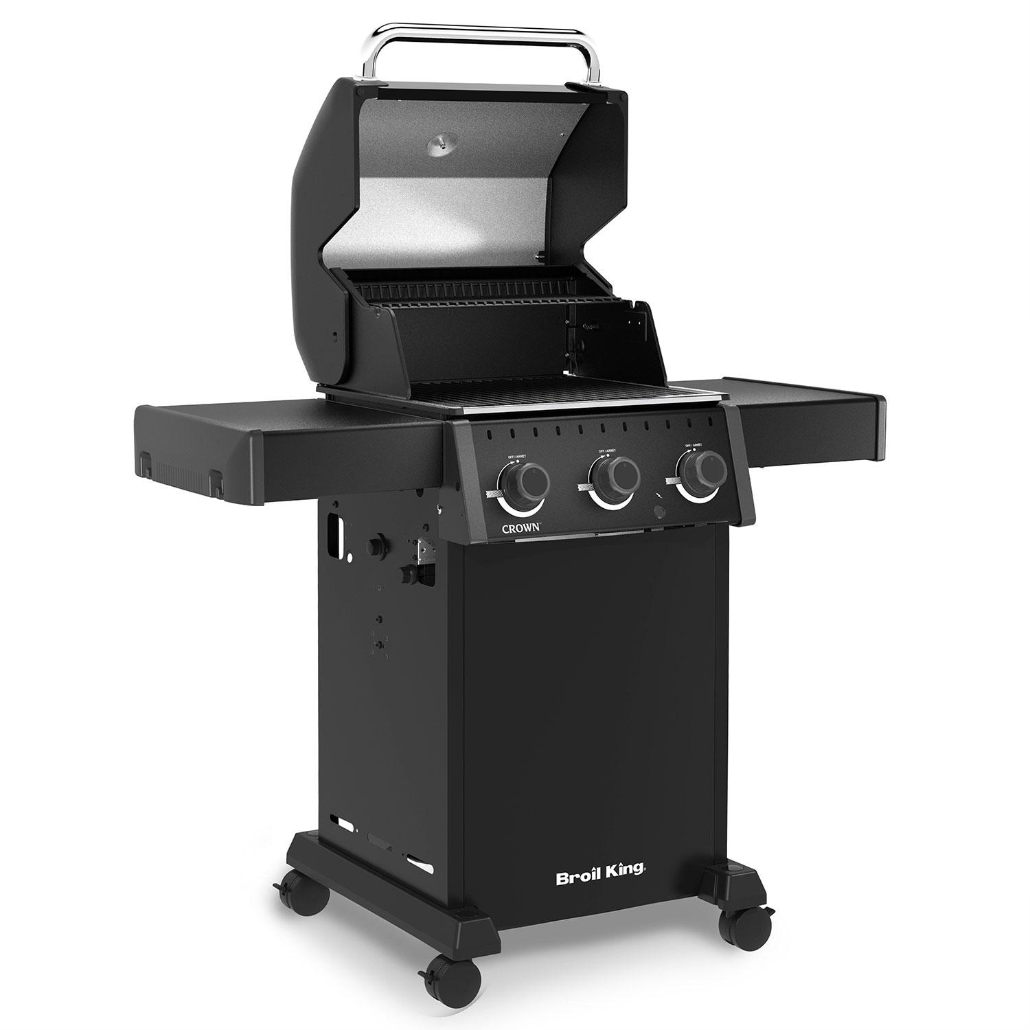 Broil King 864057 Crown 310 Shadow 3 Burner Natural Gas Grill - Black - Hood Up - Side View - White Background thumbnail