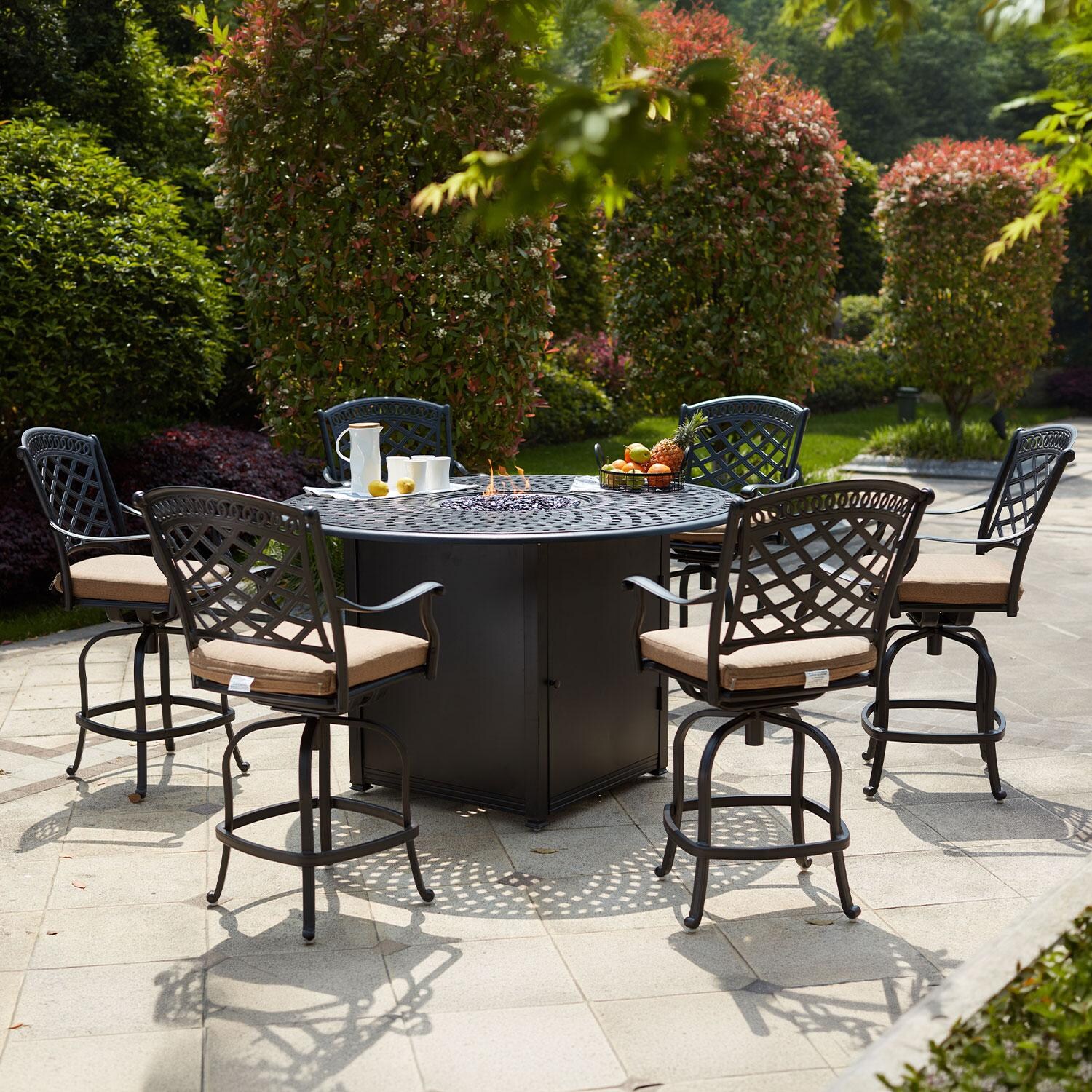 Darlee 201030-7PC-60GHD Sedona 7 Piece Cast Aluminum Patio Counter Height Fire Pit Bar Set W/ 60 Inch Round Table & Beige Canvas Cushions  thumbnail