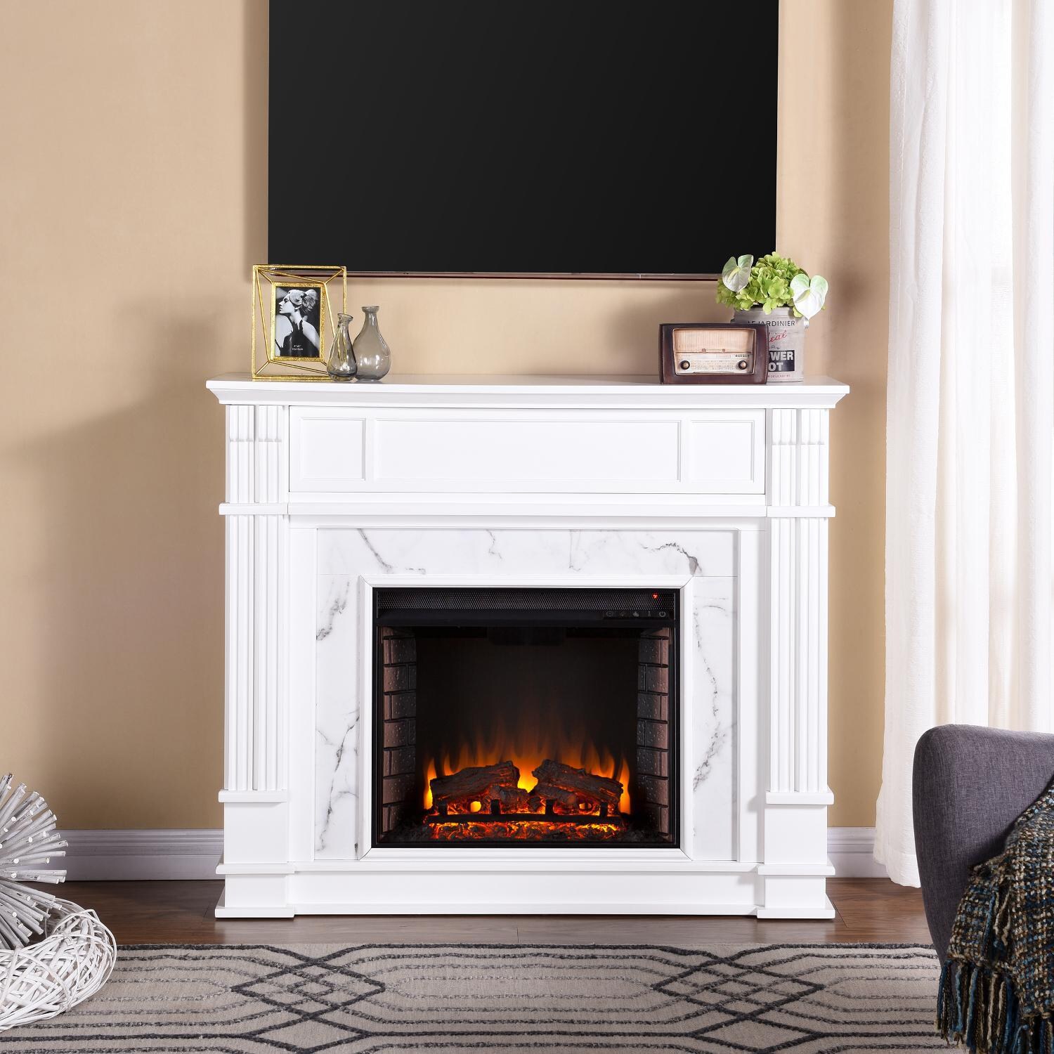 Southern Enterprises Highgate 48-Inch Electric Fireplace Mantel Package - White W/ Faux Carrara Marble - FE9322