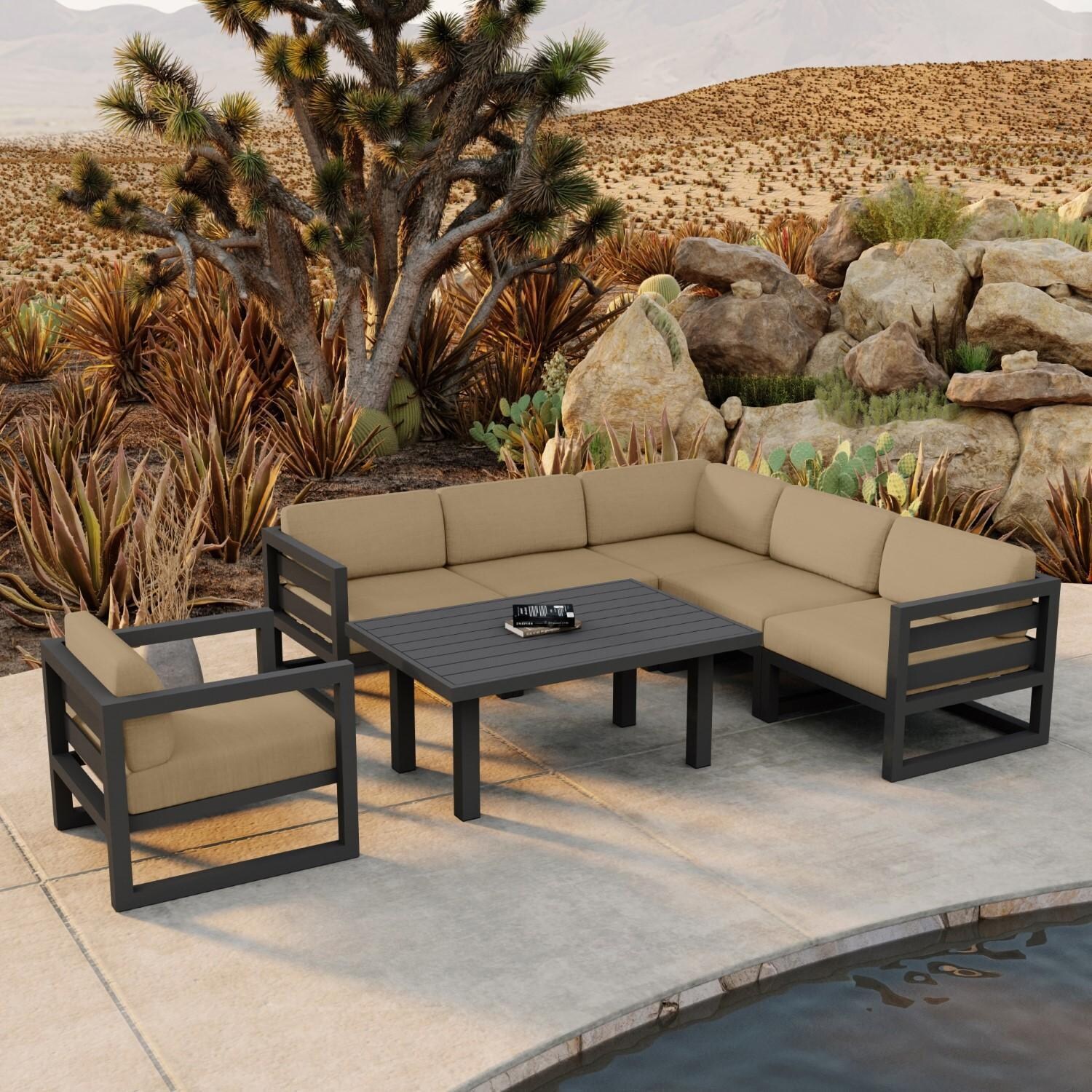 Lakeview MSTYCV-SL-SET212-HB Misty Cove 7 Pc Aluminum Sectional Set in Slate w/Chat Table & Heather Beige Cushions by Lakeview Outdoor Designs - By the Pool - Lifestyle thumbnail