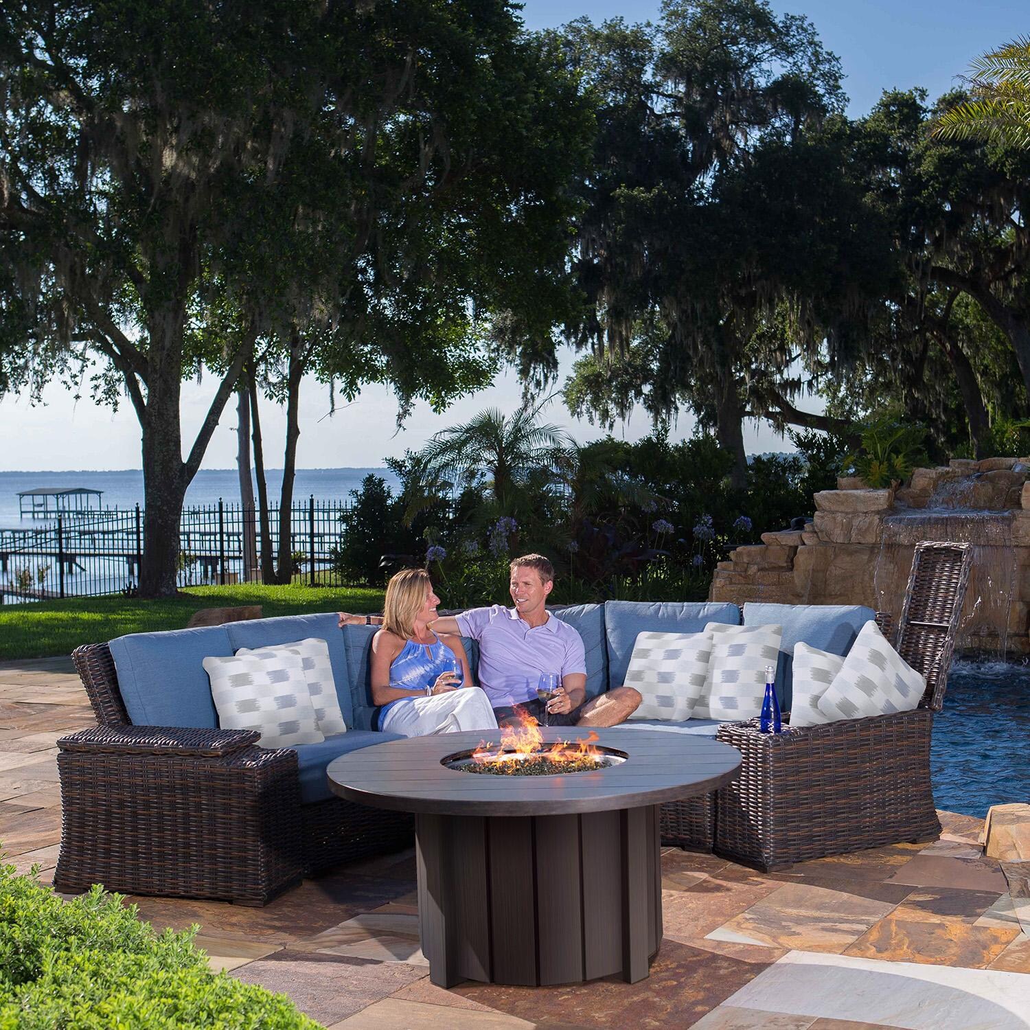 Laurent 6 Pc Wicker Seating Set W/ Fire Pit in Chestnut By Ebel - Lifestyle thumbnail