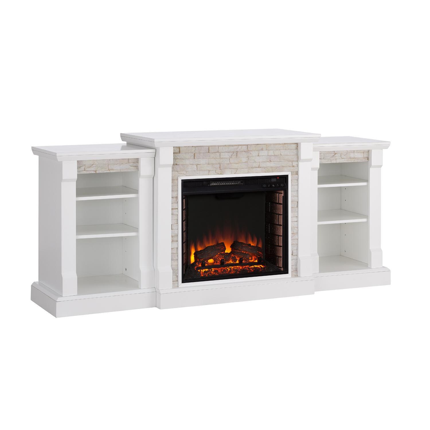 Southern Enterprises Gallatin 71-Inch Electric Fireplace W/ Bookcases - White W/ White Faux Stone - FE8526 - Angled View thumbnail