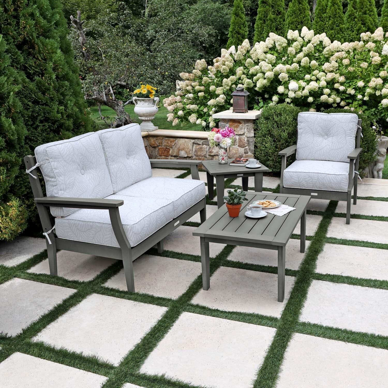 Blushing Bay 4 Pc Recycled Plastic Seating Set in Lively Parchment/Coastal Teak by Lakeview Outdoor Designs - Side View - Lifestyle thumbnail