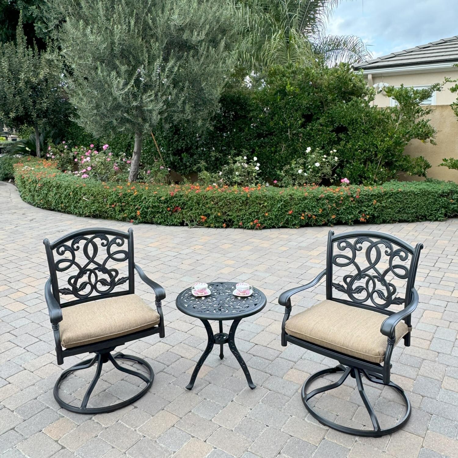 Santa Monica 3 Pc Cast Aluminum Dining Set w/ Round End Table in Antique Bronze By Darlee